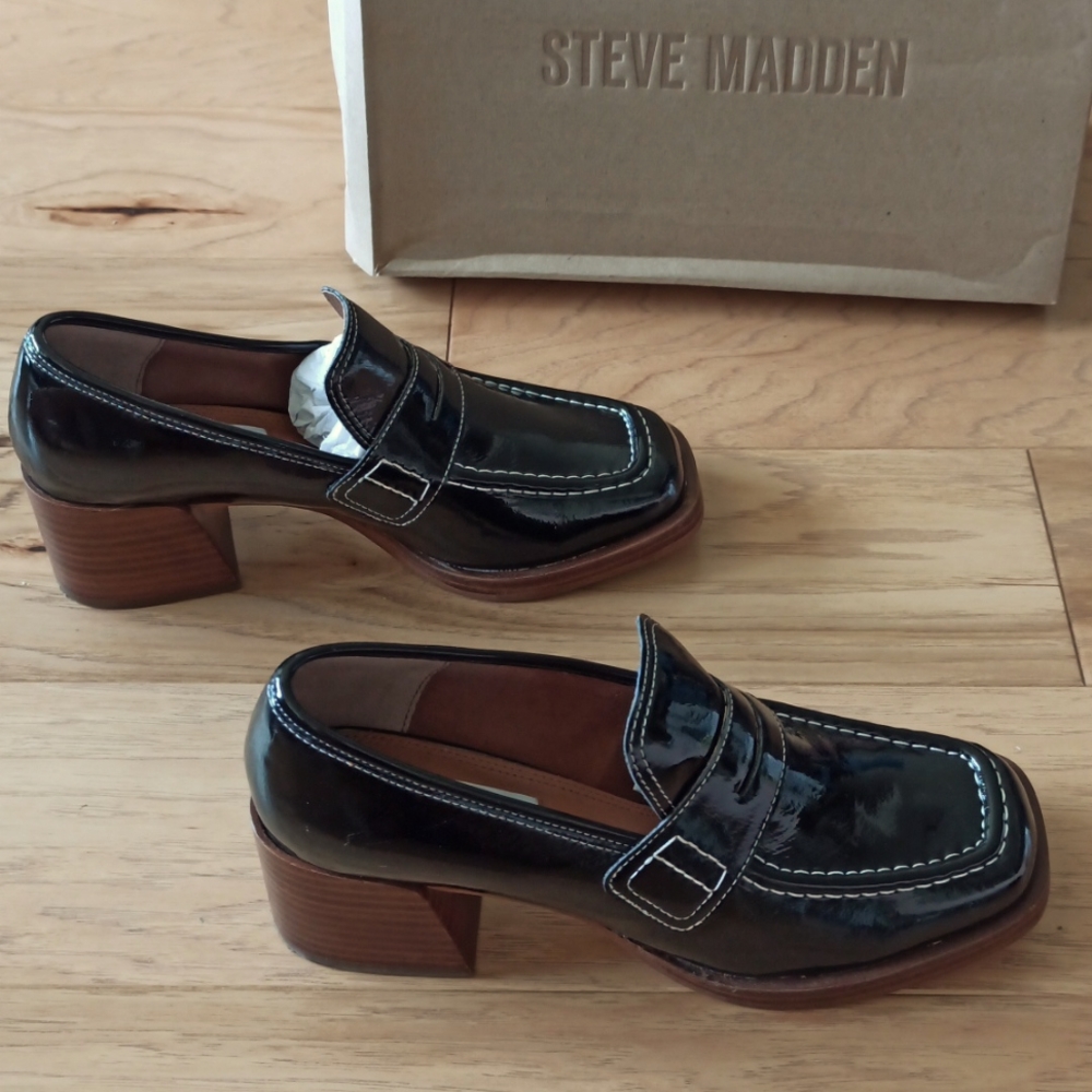Brand New Steve Madden Black Patent Leather Loafers With Heel
